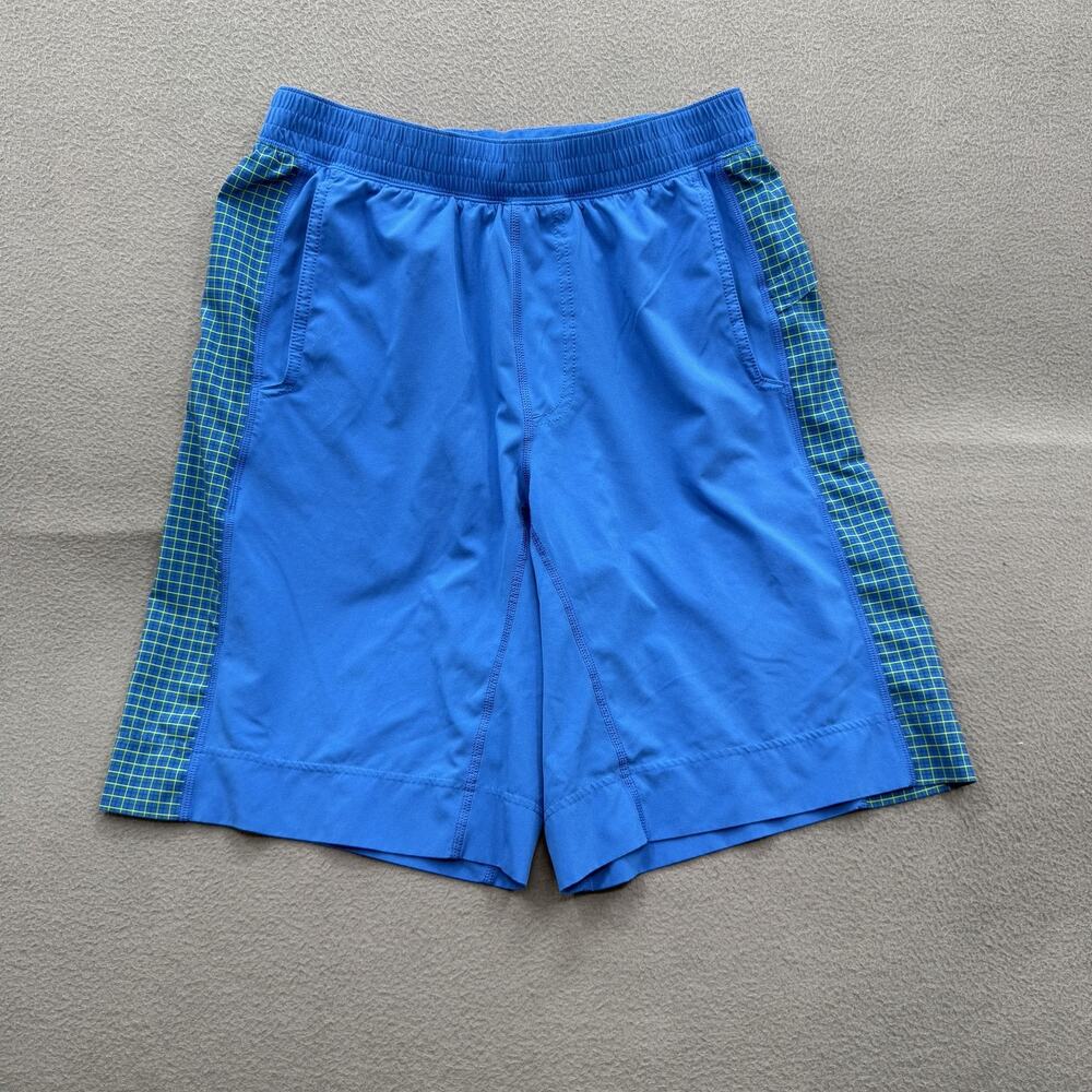 Lululemon Shorts Mens Medium Blue‎ Green Plaid Side Panels Pockets Elastic Waist